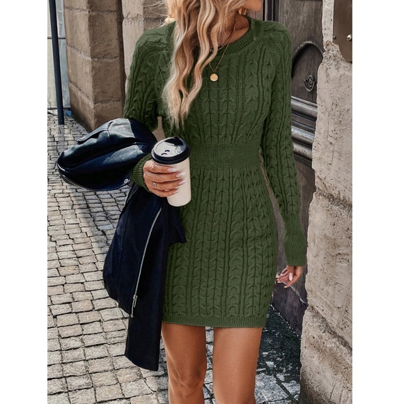 Green Cable Knit Sweater Dress Mini + Long Sleeves  Short, Fitted Round Neck - Picture 3 of 7